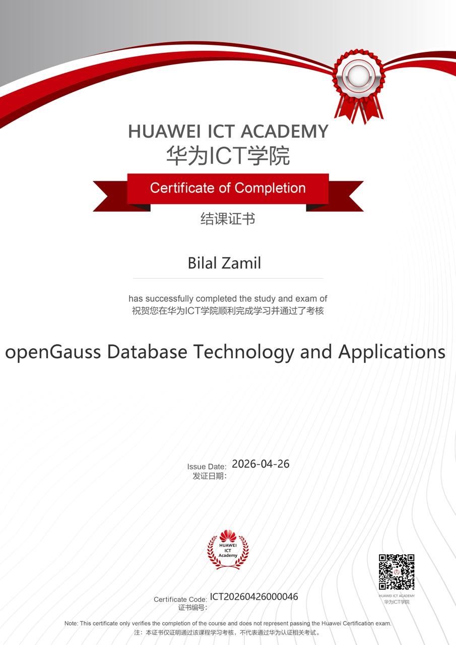 Huawei ICT Academy openGauss Database Technology and Applications certificate for Bilal Zamil