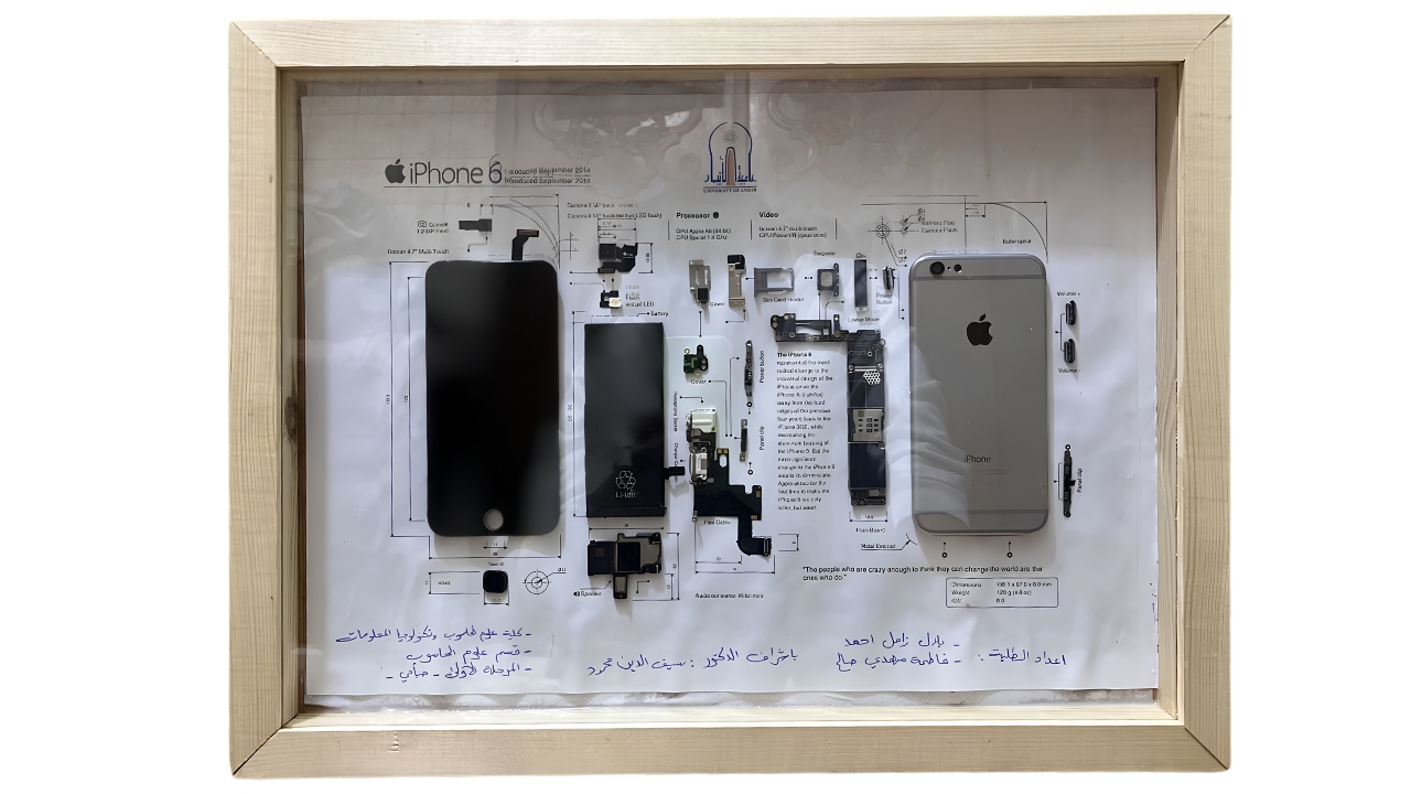 iPhone 6 teardown and component display arranged in a wooden frame